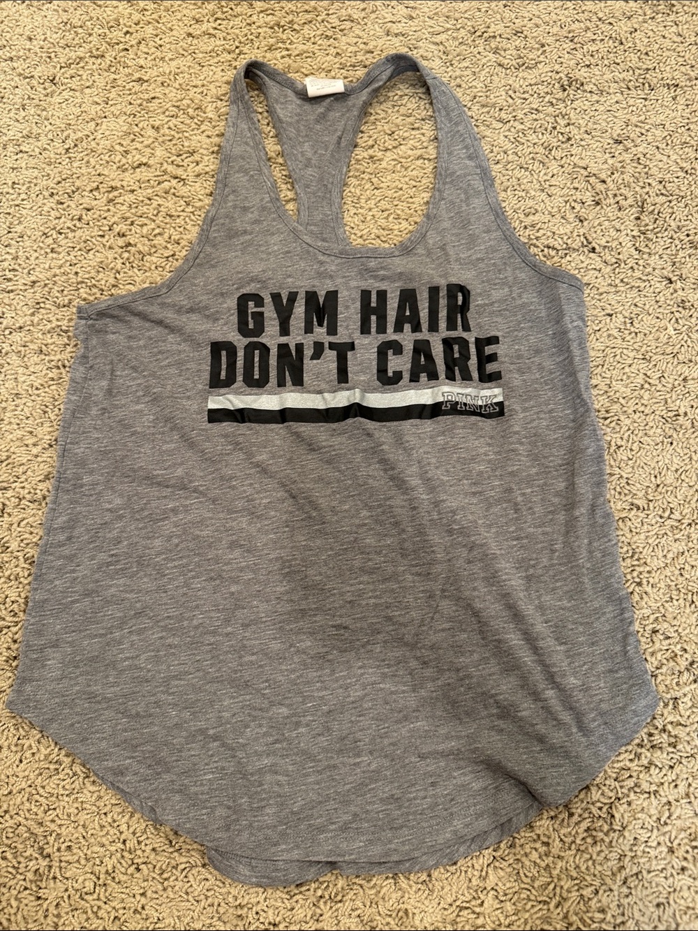 PINK Victoria's Secret Gray Racerback Tank with 'Gym Hair Don't Care' Graphic